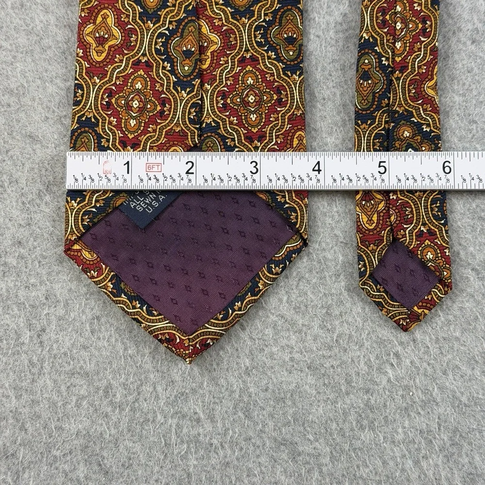 Vintage John Ashford USA Silk Tie Burgundy Navy Gold Medallion Wide 56x3.75